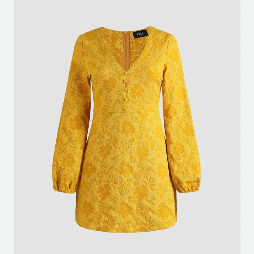 Cider Yellow Sheath Dress with Bishop Sleeves and V-Neck
